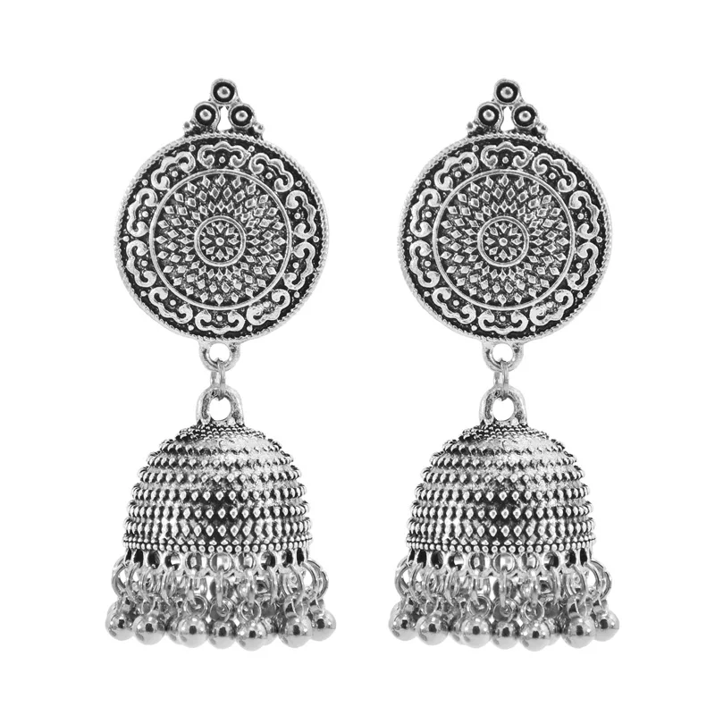 

Vintage Ethnic Style Gold Silver Alloy Long Tassel Bell Bead Jhumka Earrings for Women Party Jewelry, Silver,gold