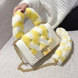 Fashion lock plush handle chain ladies shoulder crossbody bag purses and handbags women faux fur fluffy purse