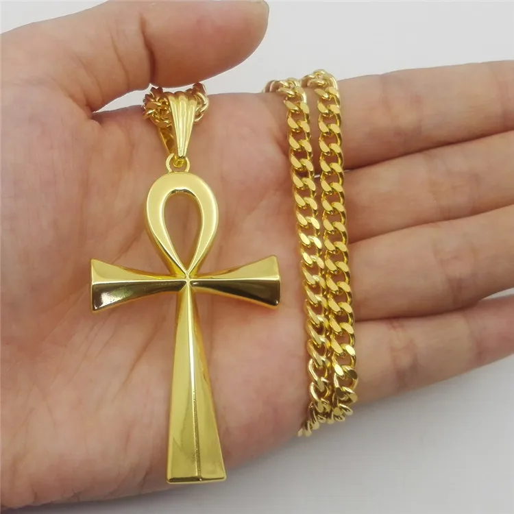 

European And American Hip-Hop Necklace, Color-Preserving Electroplating Egyptian Ankh Key Cross Pendant Necklace, Silver, gold