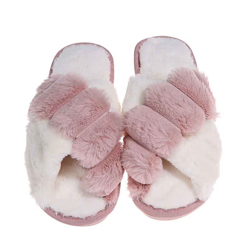 

Stylish Furry Plush Open Toe Cross Strap Slides Outdoor House Slippers Luxury Warm Ladies Fur Slippers, Green/black/grey/khaki/pink