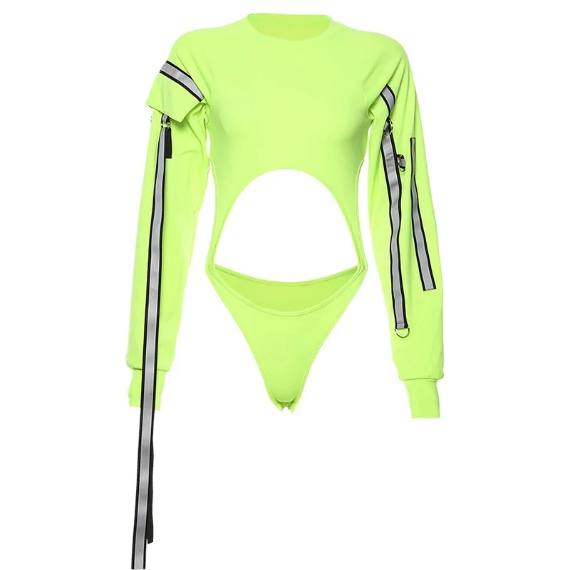 women reflective hollow out bodysuits sexy o-neck full sleeve femme slim elastic rompers party night club autumn