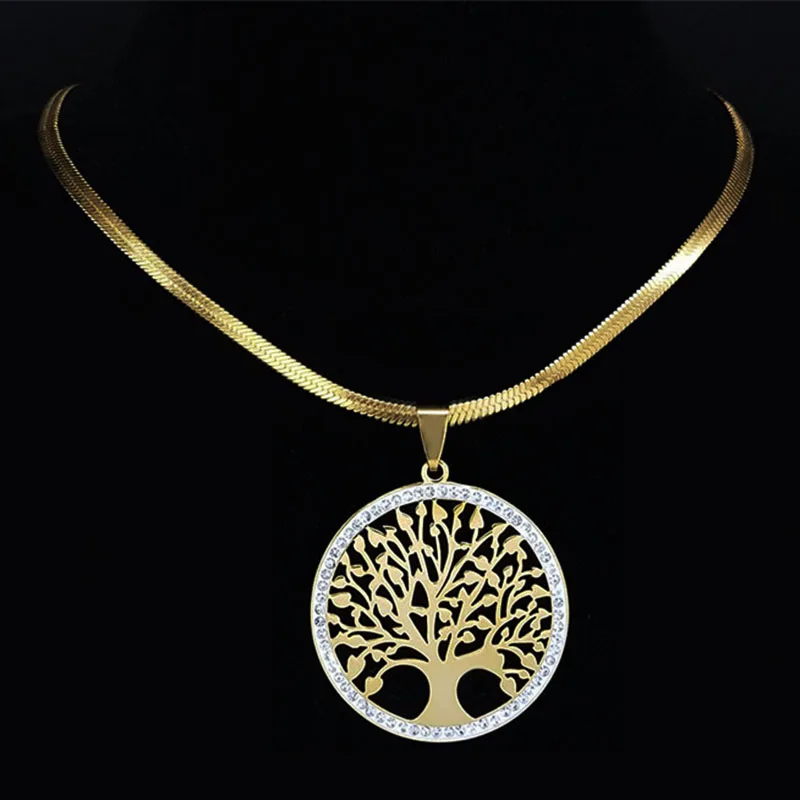 

Fashion Tree of Life Stainless Steel Crystal Necklaces & Pendants Women Gold Color Neckless Jewelry Collier Femme XL025