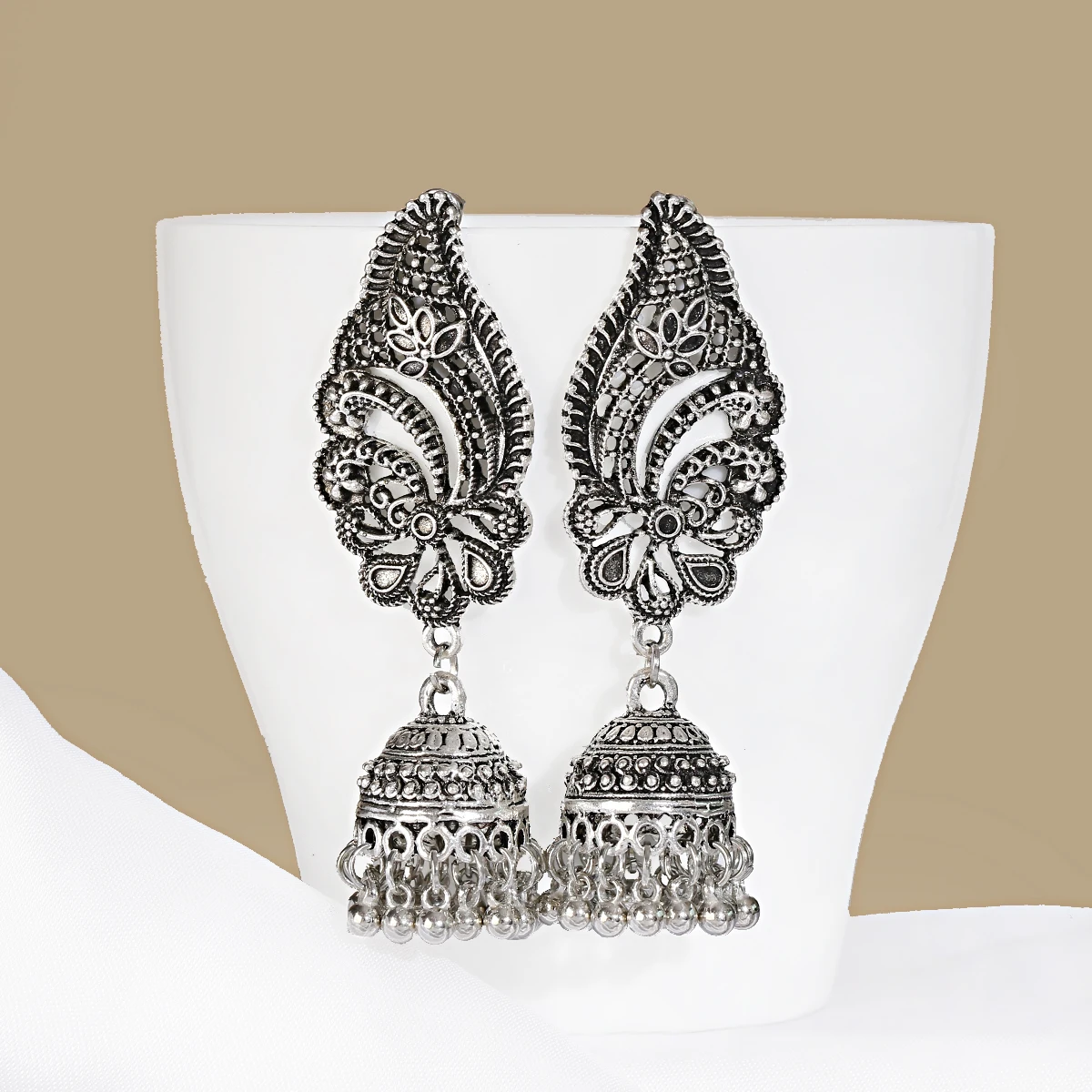 

Vintage Silver Wing Alloy Bollywood Oxidized Flower Earrings For Women Ethnic Tassel Jhumka Dangle Bells Earrings