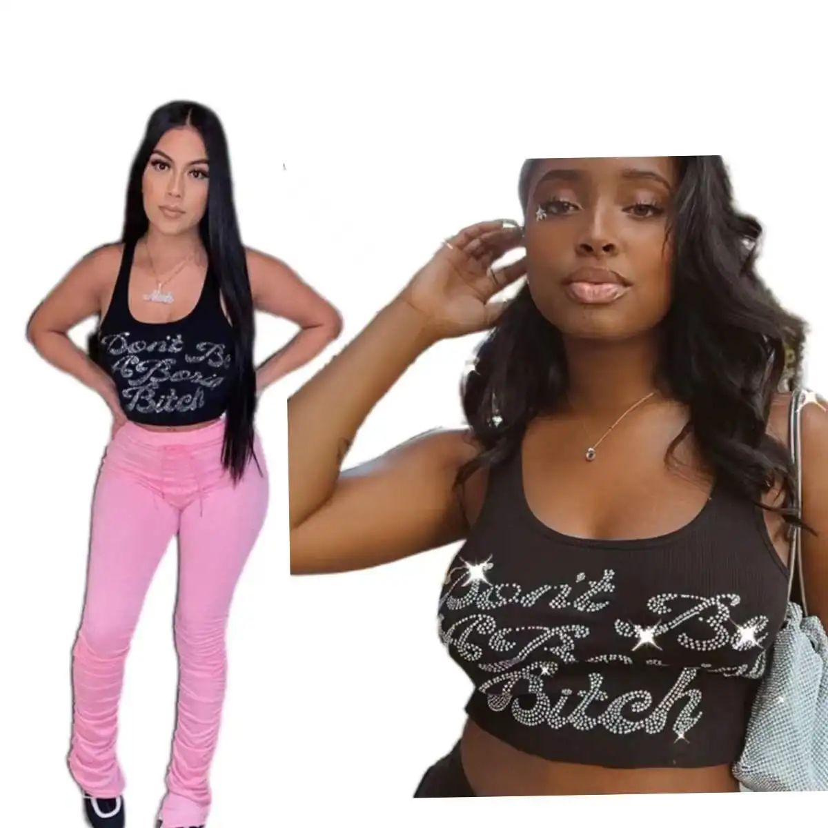 

2022 Spring Summer rhinestone t shirt black crop t shirt women clothing rhinestone tank crop top