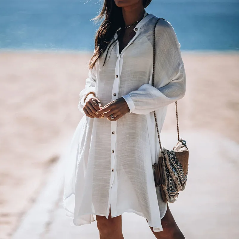 

Women Swimsuit Cover Ups Sexy Beach Tunic Dress Summer Robe Solid Cotton Beach Cover Up