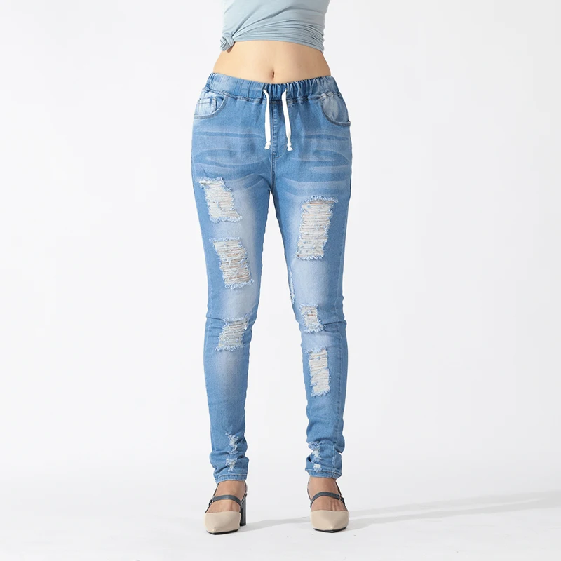 

Wholesale ladies drawstring elastic waist casual skinny trousers slim fit denim pants women's ripped jeans, Blue