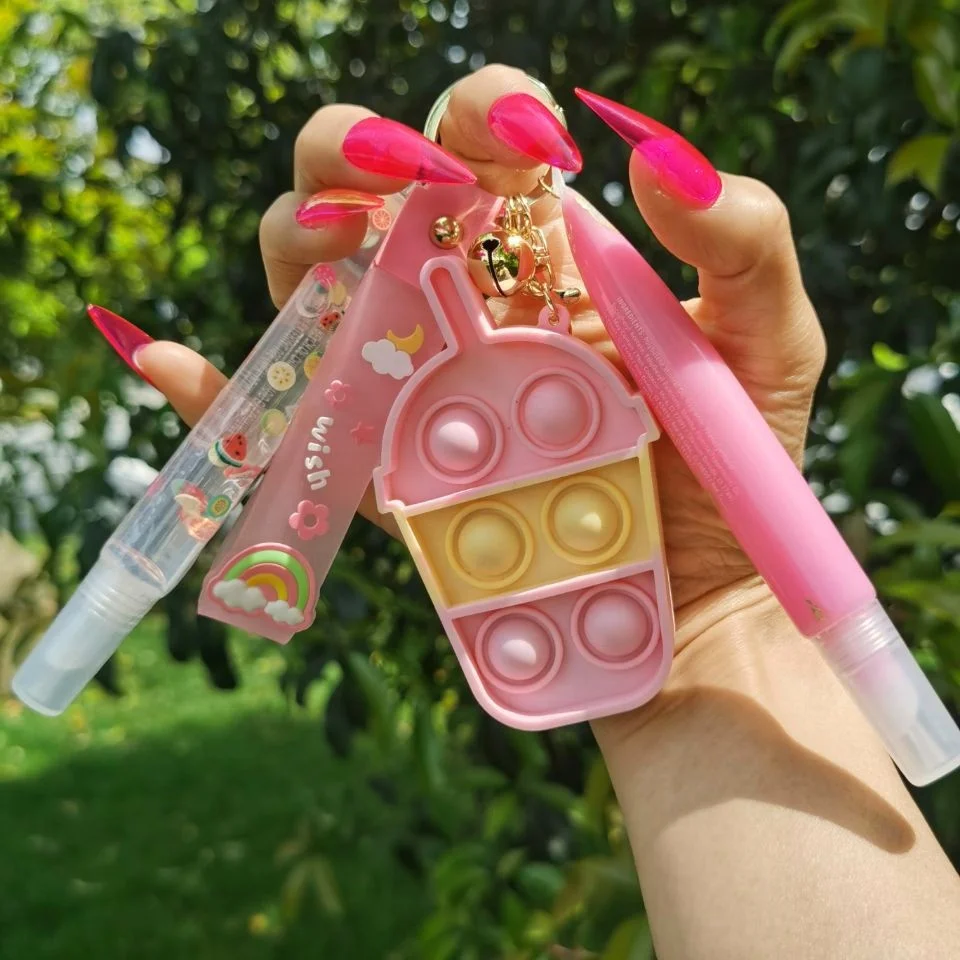 

Bubble Fidget Toy Keychain Lip Gloss Shimmer Rose 2021 Base Private Label Vendor Clear Vegan Long Lipgloss Tube