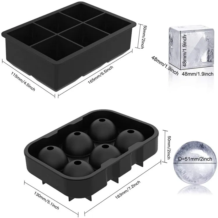 

Hot Reusable BPA Free For Whiskey Big Sphere 2 pack 6 Ice Ball Maker Large Square Ice Cube Trays Molds