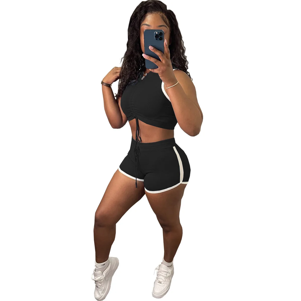 

GQ8047 new coming woman sports two piece summer ruffle two piece set solid color sports hoodie set