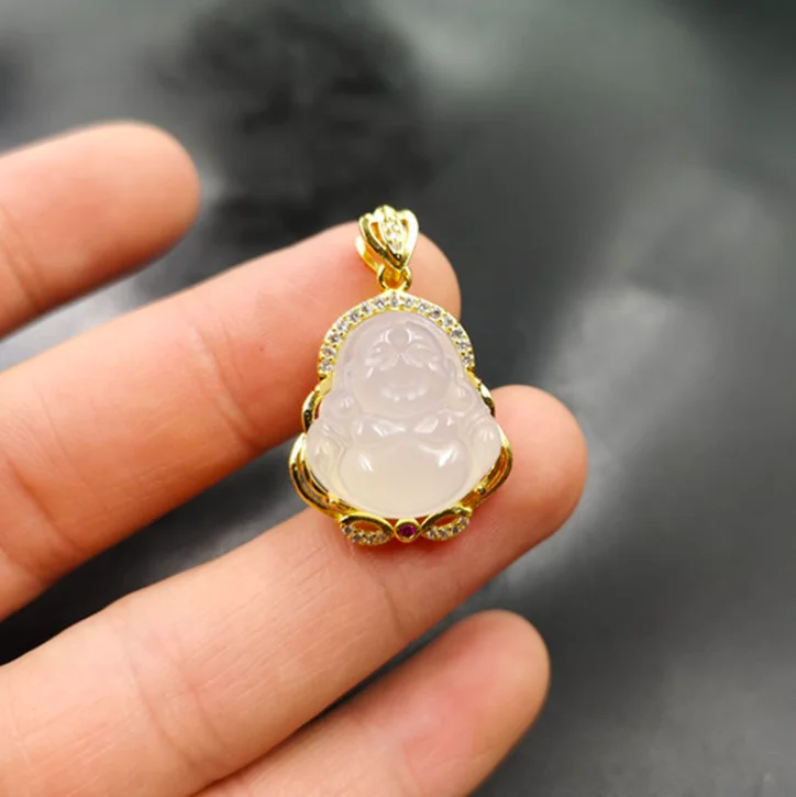 

jialin jewelry 2020ins laughing agate jade Maitreya white clear mini small buddha pendant necklace