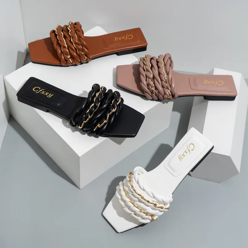 

2022 Summer new arrival fashion flat weave chain casual slippers women shoes chic plus size outdoor beach slide&slippers, Four colors or customized