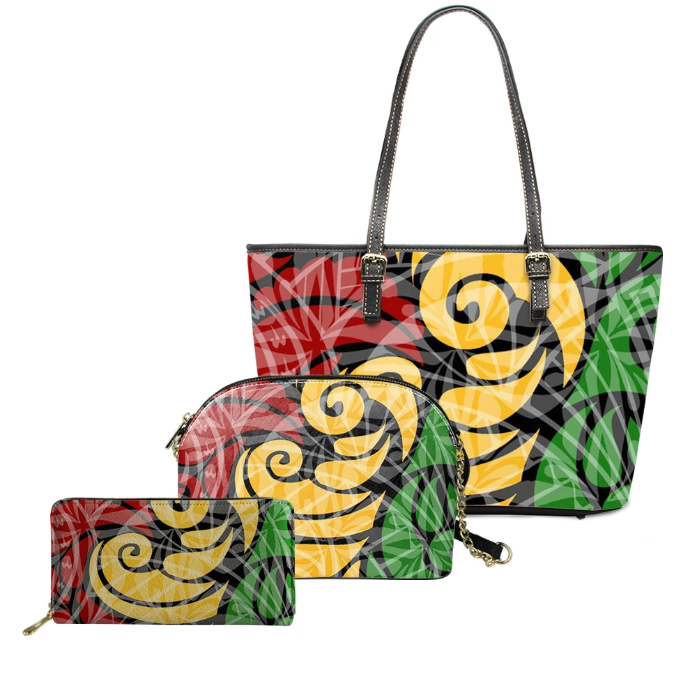 

POD 3 In 1Purses And Handbags Classic Polynesian Tribal Print Custom Lether Handbags Set Ladies Fashion Handbags And Shell Bags, Customized color