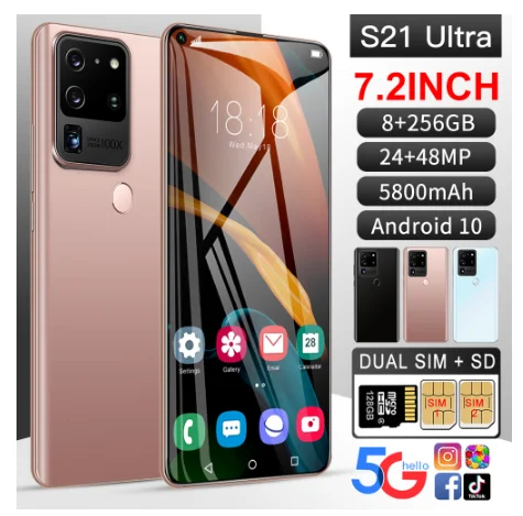 

S21Ultra 5G 8G 256GB unlocked Smartphone Cell Phone 7.2 OLED Display Deca Core 5800mAh Fingerprint Dual SIM Mobile Phone, Black,white,,gold