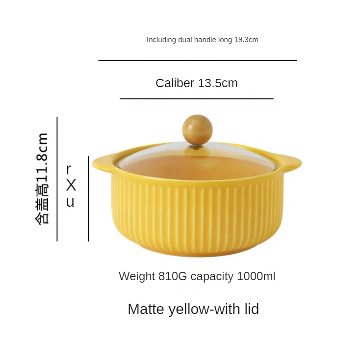 

Modern and simple color glaze double ear anti-scalding ceramic bowl with lid instant noodle bowl for student dormitory, Light powder/ red/ yellow/ peach flour/ green
