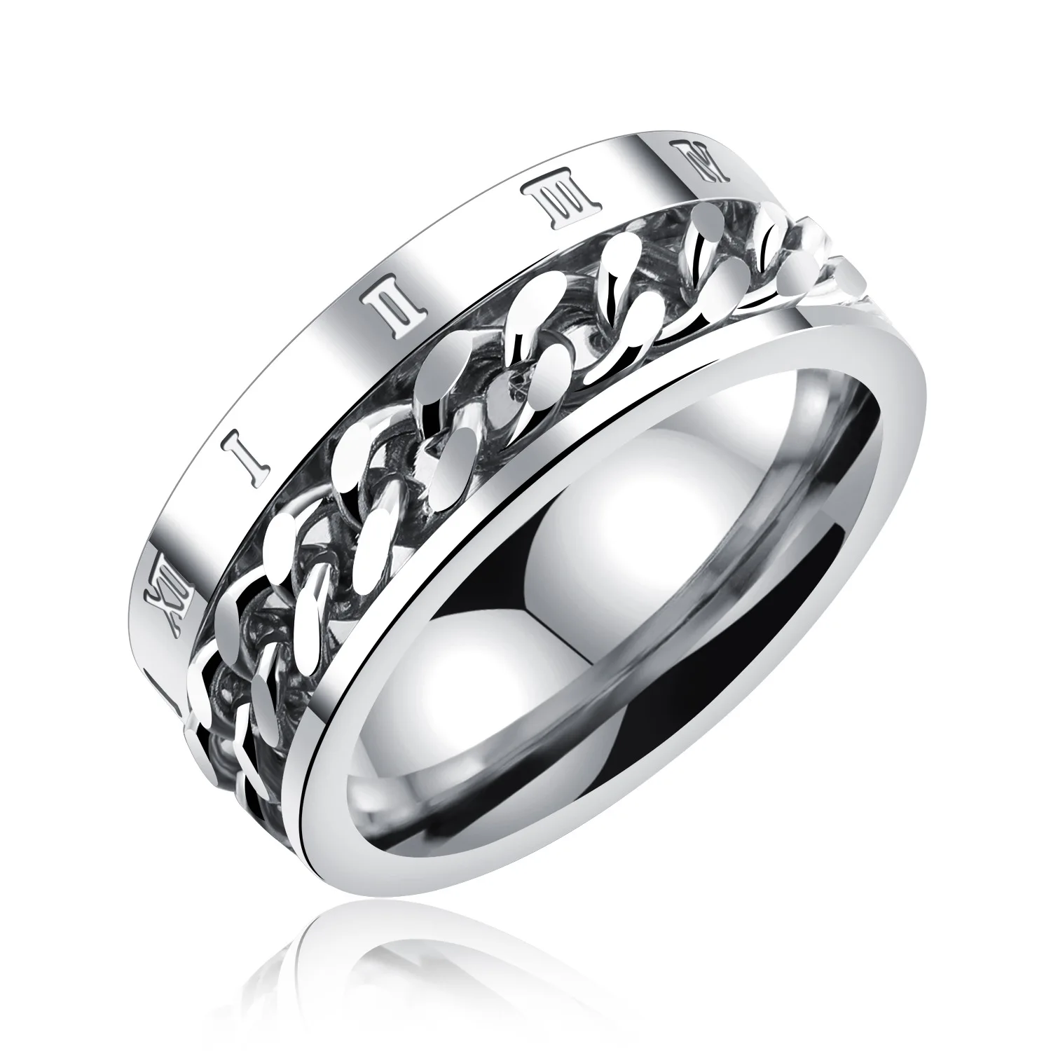 

Roman Numerals Chain Rotatable Fashion Jewelry Silver Stainless steel Rings Men