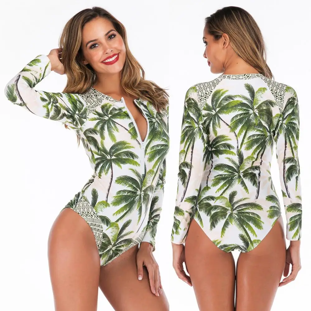 

Long sleeve bathing suit one piece green print smooth surf suits zipper wetsuit for women