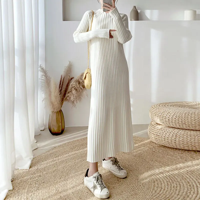 

Hot Sale Ladys Winter Korean Fashion Women Clothing Basic Slim Loose Kint Long Sweaters Plain Maxi Sweater Dresses For Womens