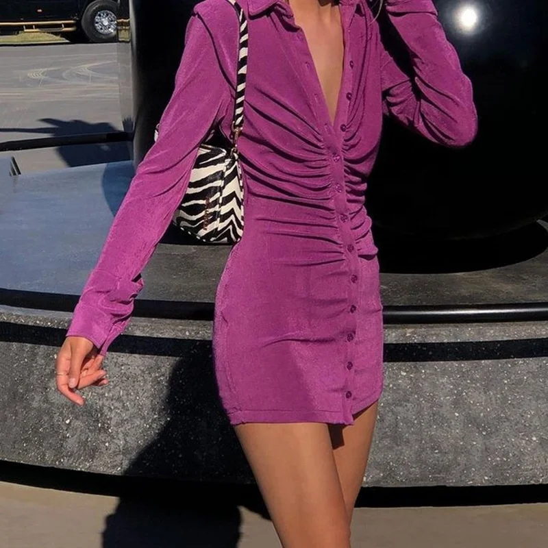 

2021 Fashion Elegant Streetwear Women Turn-down Collar Button Short Sexy Slim Dress