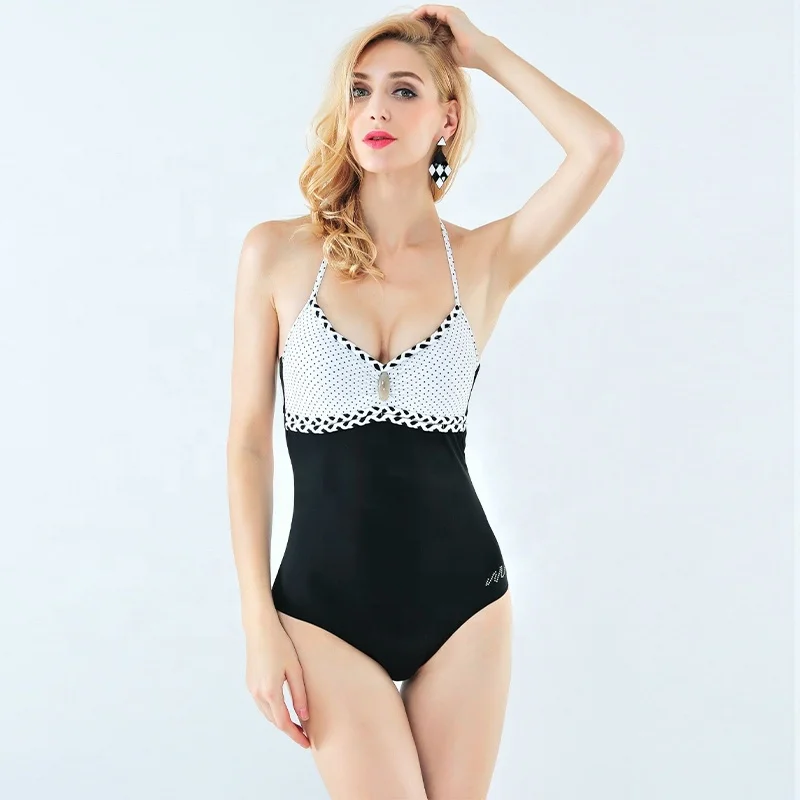 

Wholesale 2021 fashion sexy deep v comfortable fit black white dot one piece bikinis woman swimwear&beachwear swimsuit