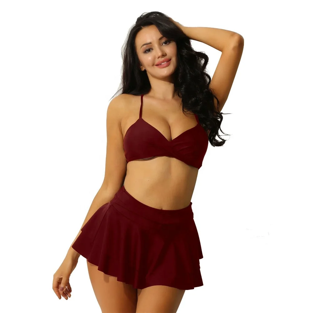 

Women Two Piece Bikini Set Swimsuit Sexy V Plunge Bra Ruffle A Skirt with Knicker