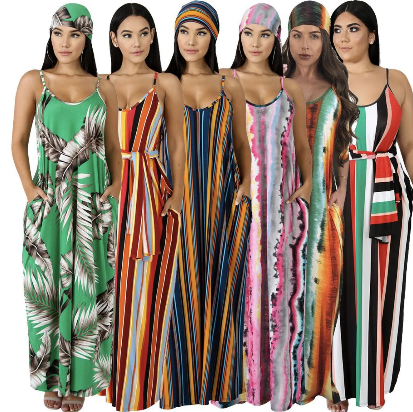 

Hot style European and American fashion women loose plus size striped halter dress