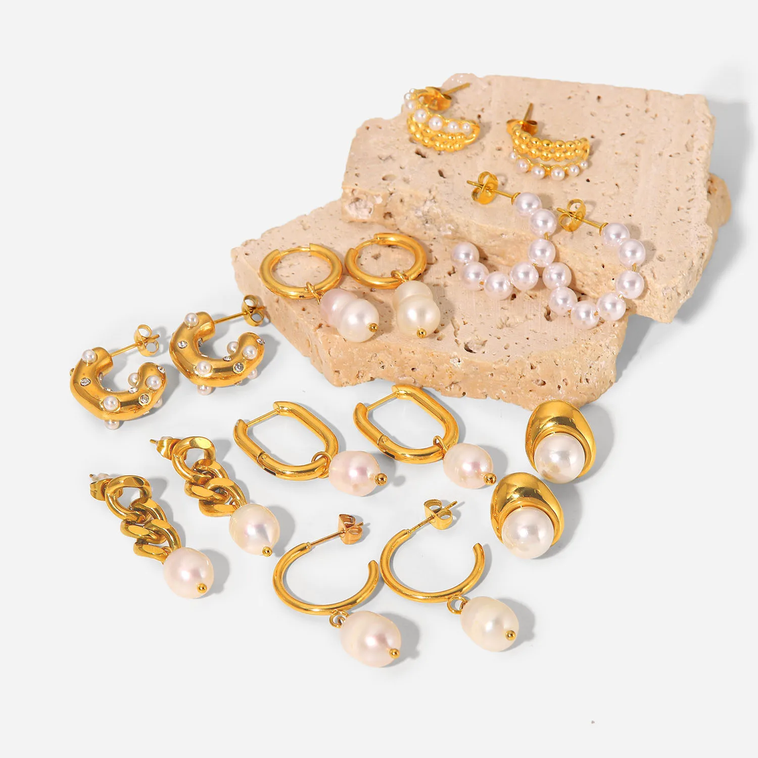 

Hanpai top selling high quality 18k gold plated hoop earrings real pearl earrings stainless steel hoop earrings