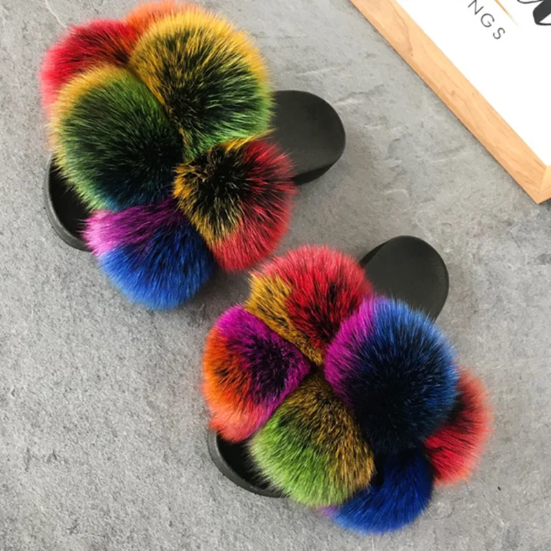 

Fashion color big real fluffy fur ball pom fox sandals raccoon mom and kids fur flat shoes furry toddler baby kids fur slippers, Multi color