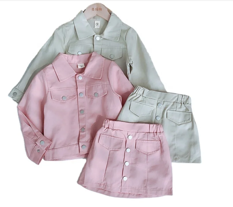 

2022 Children Girl Suit Turn Down Collar Pocket Buttons +Matching Skirt Children Girl Outdoor Clothing set