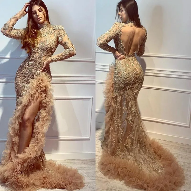 

Women Luxurious Evening Dress Long Sleeve Lace Beads High Neck Mermaid Backless Prom Gowns With Ruffles High Slit, As picture