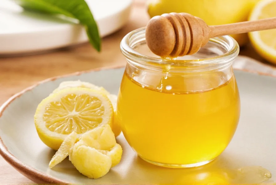 Steaming mug of lemon ginger honey tea with ingredients arranged beside it