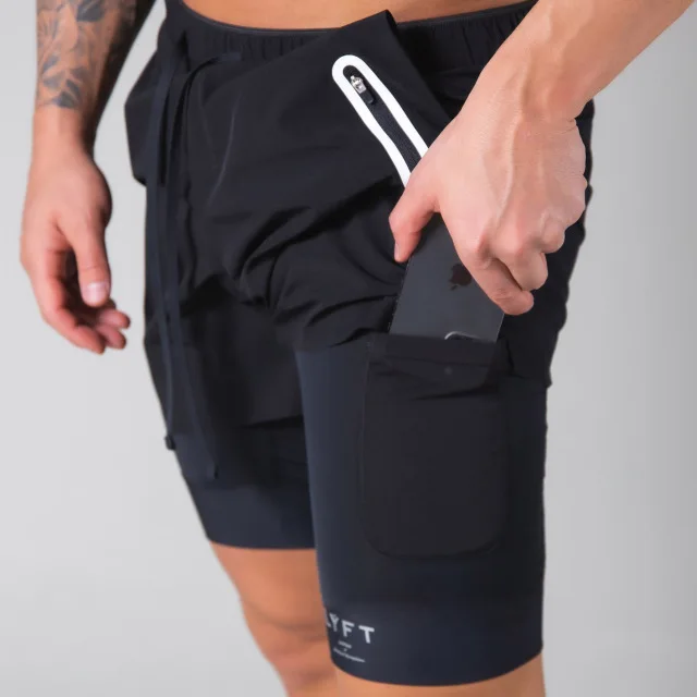 

High Quality Custom Summer Zipper Breathable Stretch Running Training Sports Casual 2 In 1 Double Layer Mens Gym Shorts