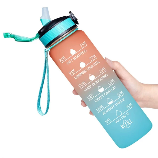 

Hot Sale Good Quality Plastic Straw Gym Sports 1L 32oz BPA Free Tritan Motivational Water Bottle With Time Marker Water, Customized color