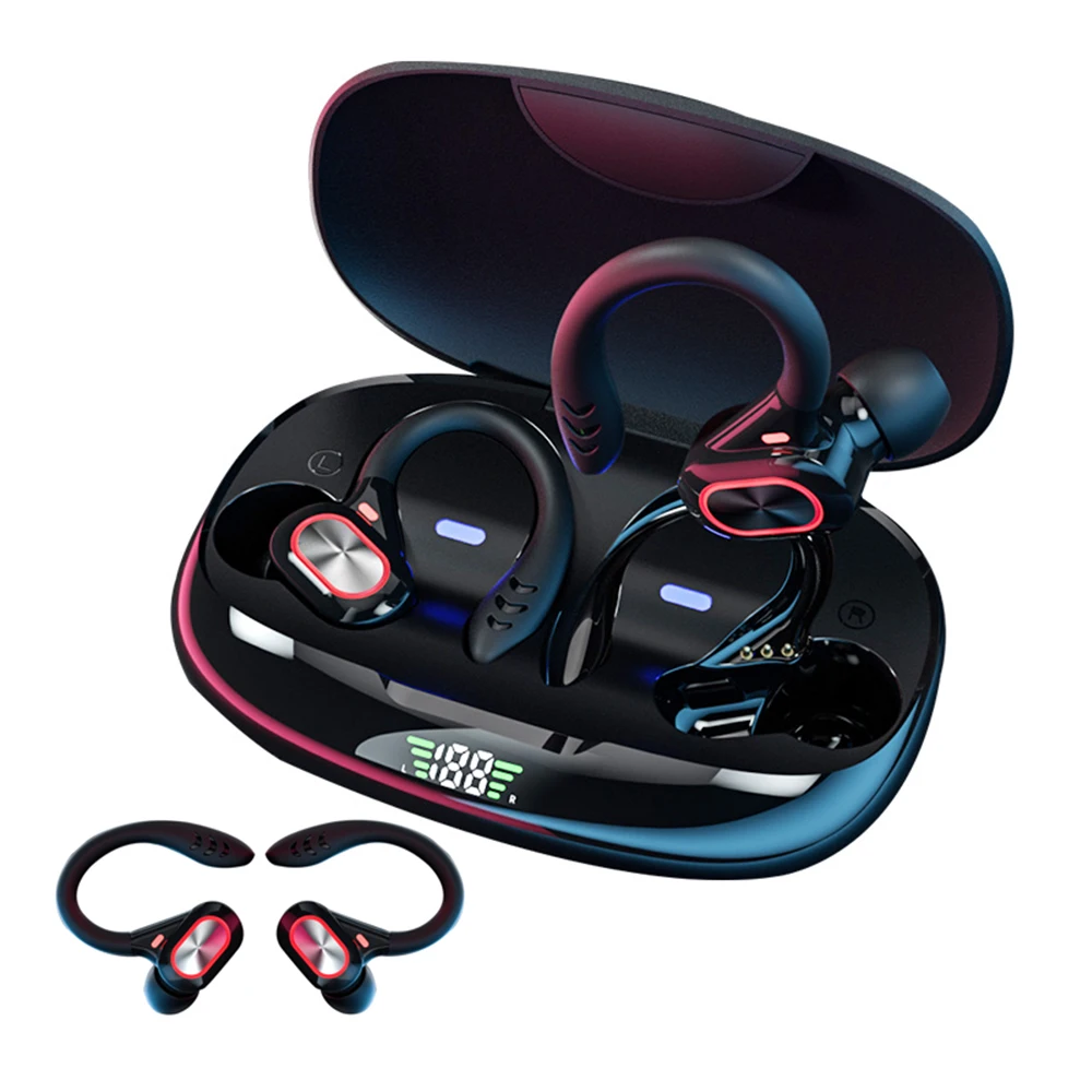 

Hifi Bt Wireless Headset TWS Sports Waterproof Earbuds True Hands Free Ear Hook Earphone for Sport, Red, black, silver