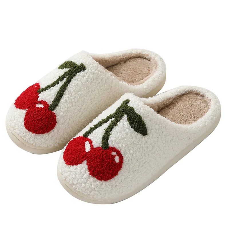 

New Comfortable Home Bedroom Women Embroider Pattern Mix Happy Fur Slippers Fruit Christmas Tree Designer Smile Fur Slippers