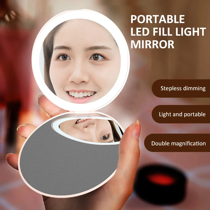 

Hot Selling OEM/ODM Portable Make Up Mirror Hand Pocket Electric Magnifying Makeup Mirror with LED Light, Pink, white