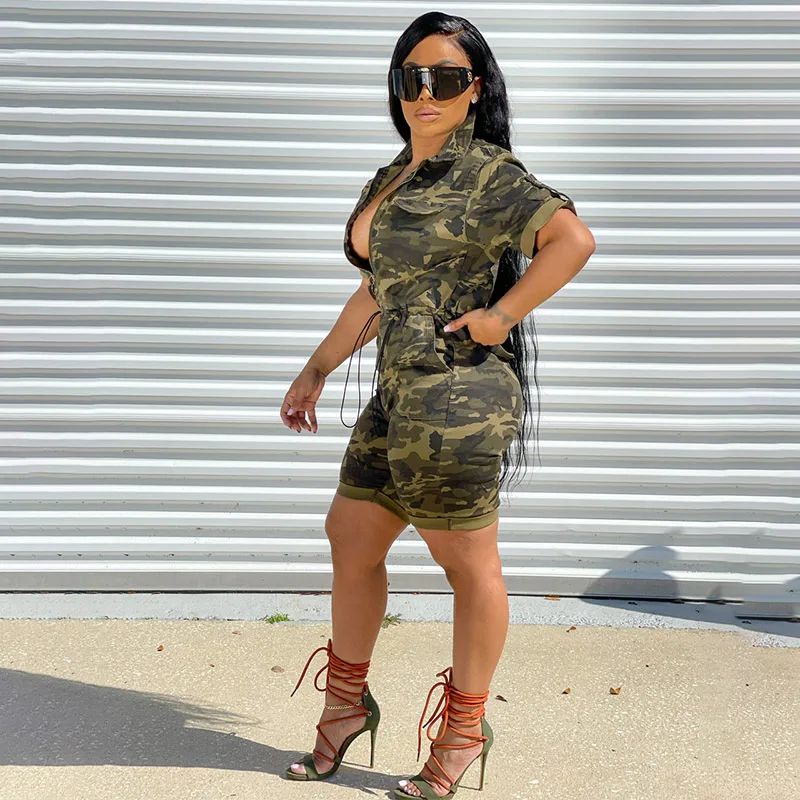

2022 Summer Spring Women Fashion Playsuit Bodycon Zipper Camo Rompers Short Sleeve Stretch Camouflage Shorts Jumpsuit, Picture color