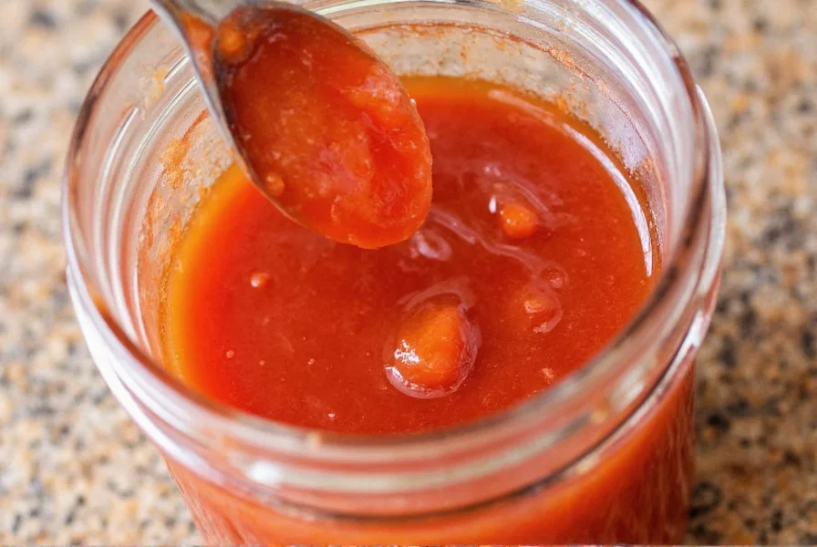 Homemade Tabasco-style sauce being prepared with fresh red peppers, vinegar, and salt in glass jar