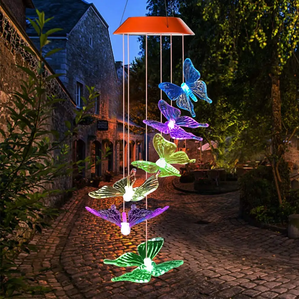 

Amazon bestseller Color changing home patio hanging tree window decor LED solar butterfly wind chimes garden light lamp