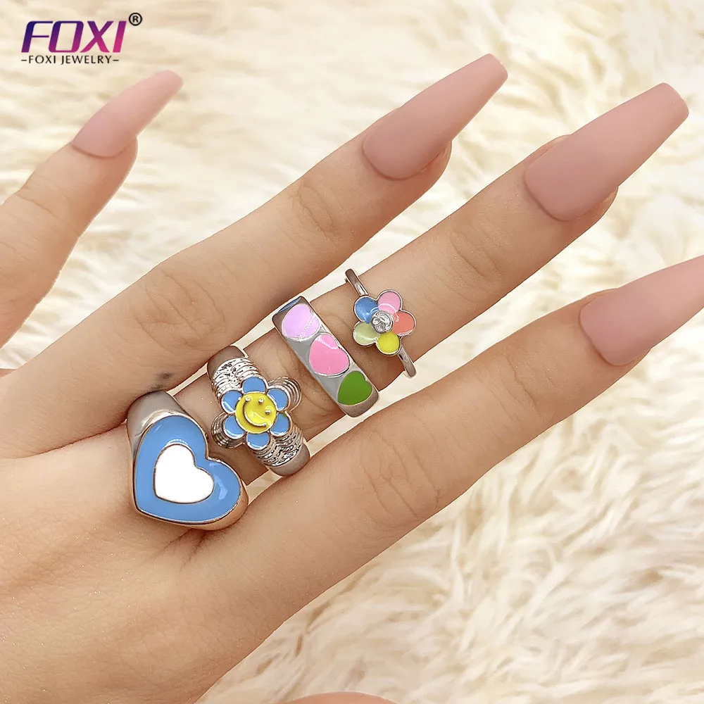 

anti-tarnish kid women jewelry gold silver rainbow flower heart smile smiley face enamel rings