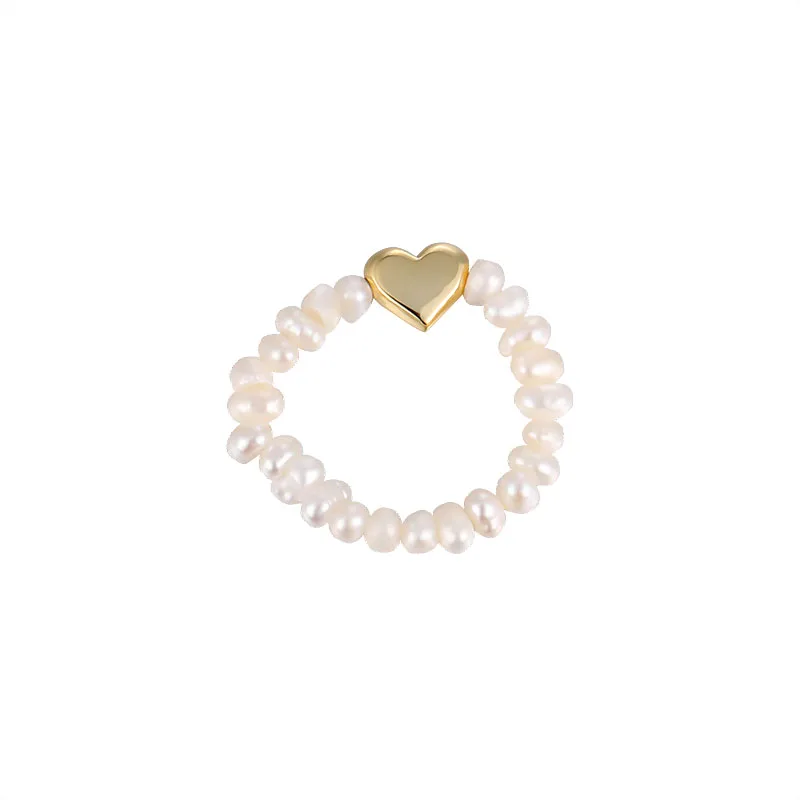 Women Fashion 925 Silver Ring Gold Plated Heart Charm Pearl Rings Vintage