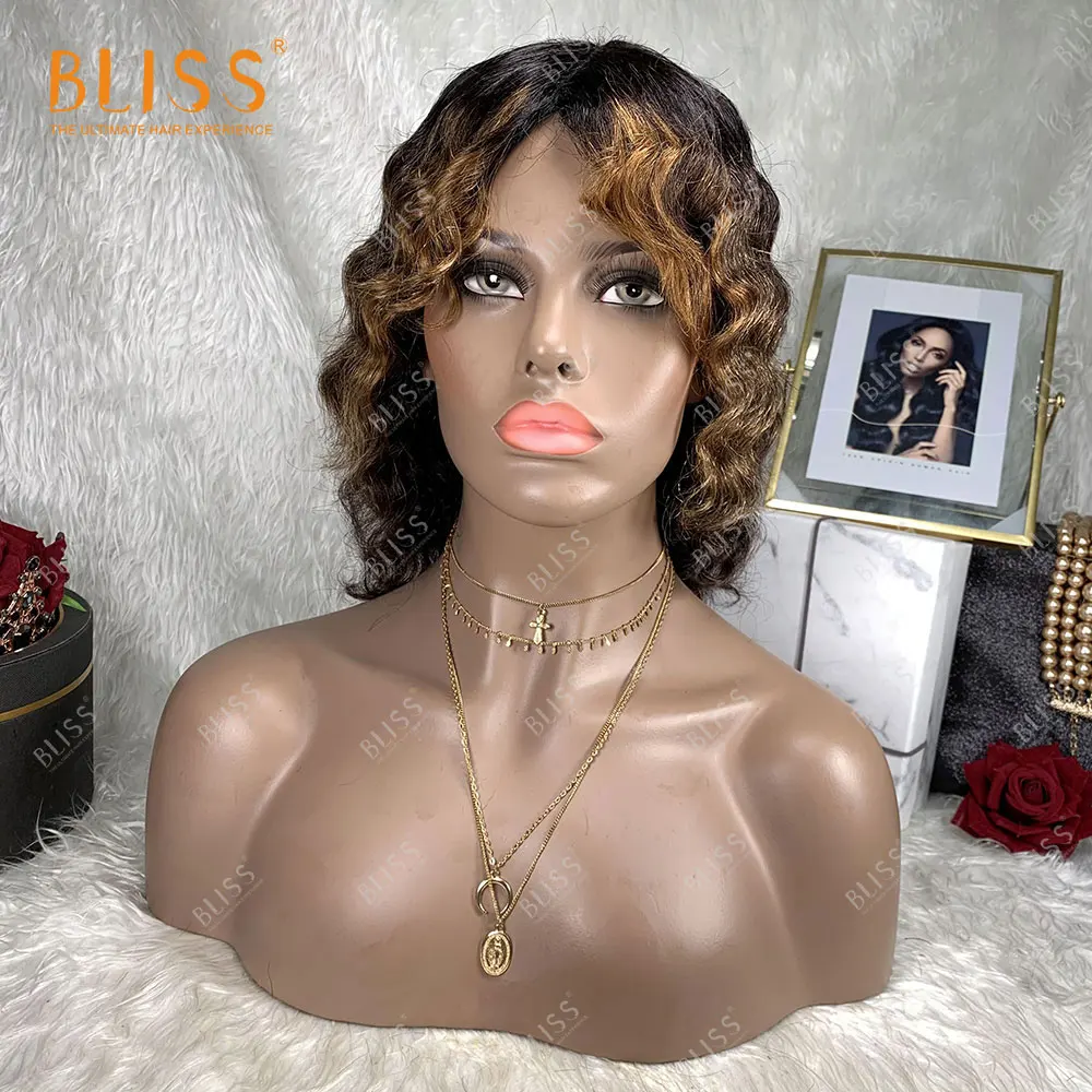 

Bliss Short Brazilian Loose Wave Human Hair Wig 2 Tone Color Ombre Short Pixie Wig Highlight Honey Brown Wig For Black Women