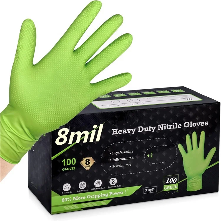

green 8 mil industry mechanic diamond texture grip automotive food service cleaning heavy duty logo custom nitrile glove gloves