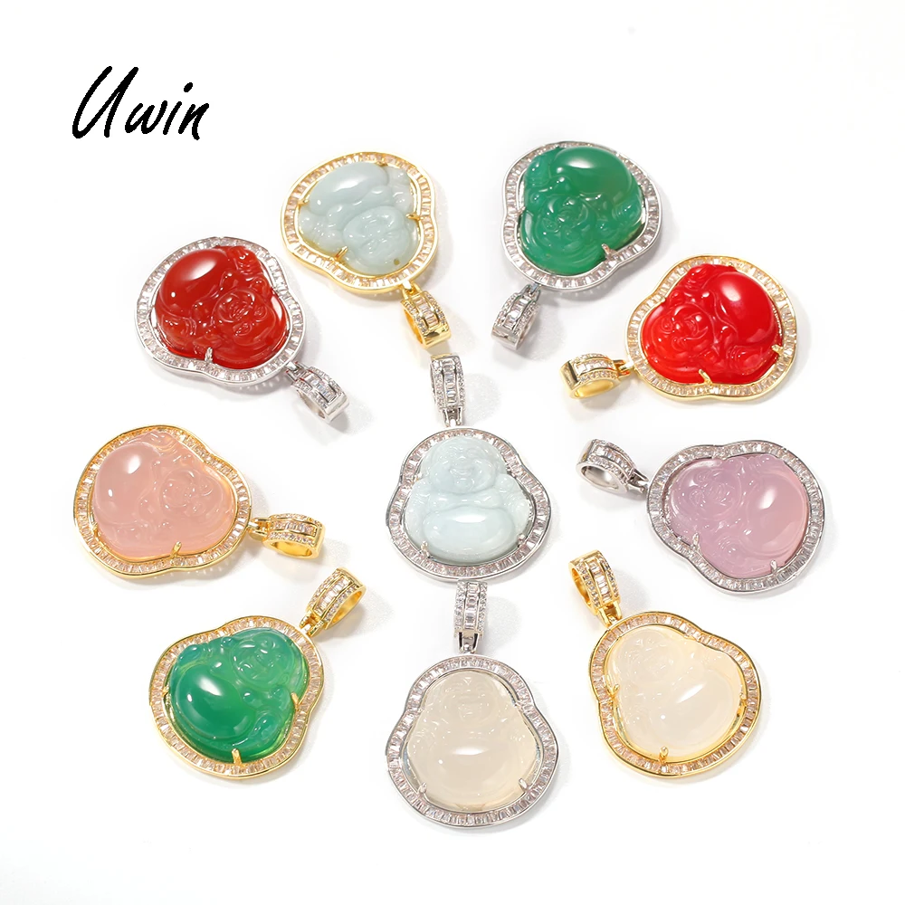 

Hip Hop Iced Out Pink Green Red Agate Jade Buddha Pendant Necklace BaguetteCZ Rapper Jewelry for Women Men, Pink , green, red agate, gold and platinum plated