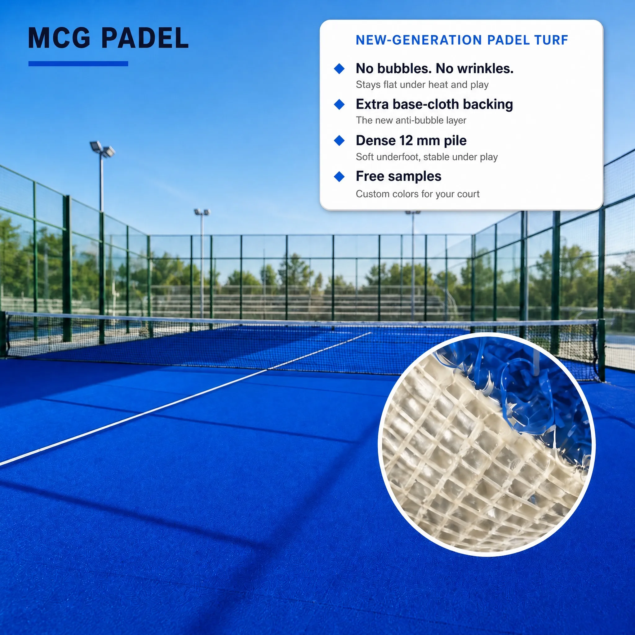 MCG PADEL new-generation padel turf on court with its four key features: no bubbles or wrinkles, extra base-cloth backing, dense 12 mm pile and free samples, plus a close-up of the white backing cloth