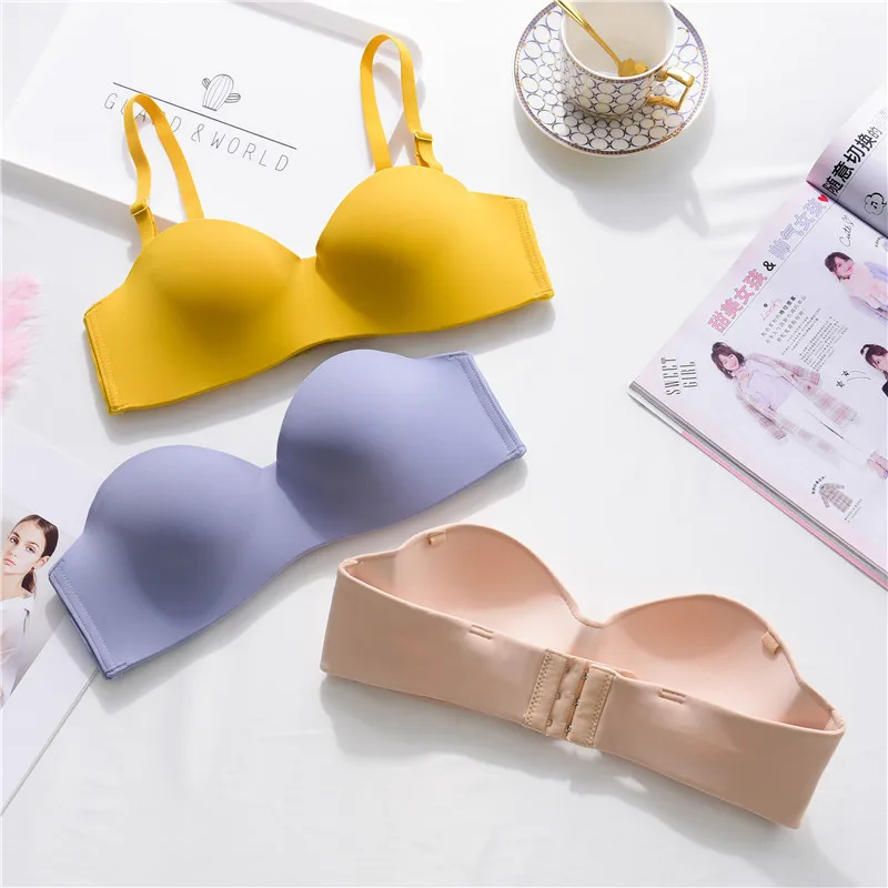 

New 2021 fashion women's non-mark smooth non-slip strapless underwear thin collection of underwire bra, White, yellow, blue, black, skin, orange