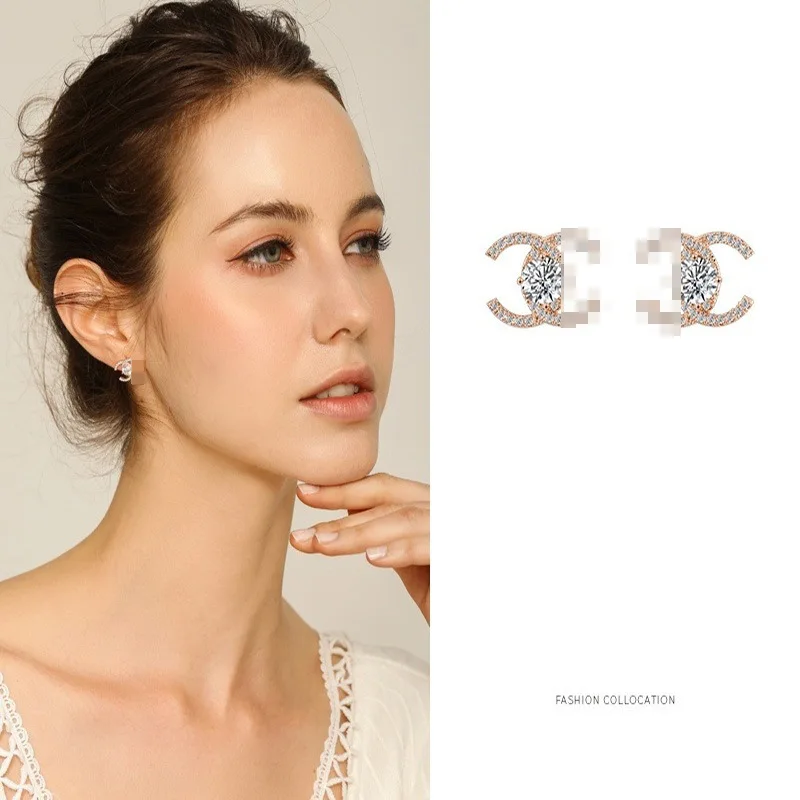 

Hot Sale Luxury Diamond Jewelry 925 Sterling Silver CC Letter Earring Fashion Brand Zircon Stud Earrings For Women, Picture