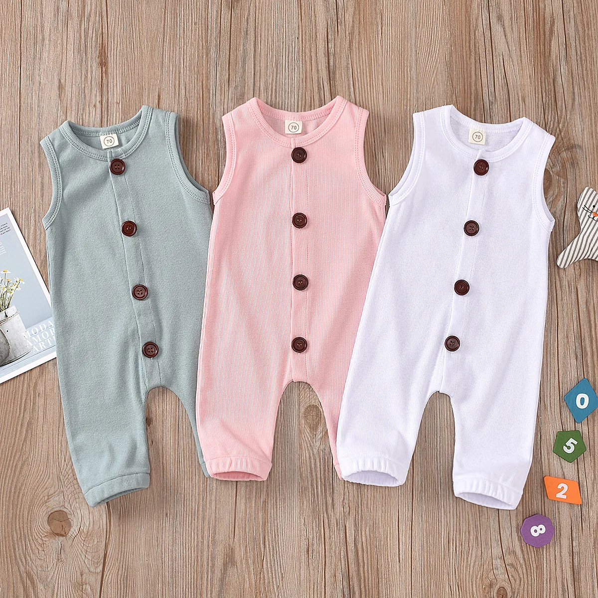 

lyc-3748 Hot selling solid color summer sleeveless baby boy girl clothes romper cotton baby clothes, As picture