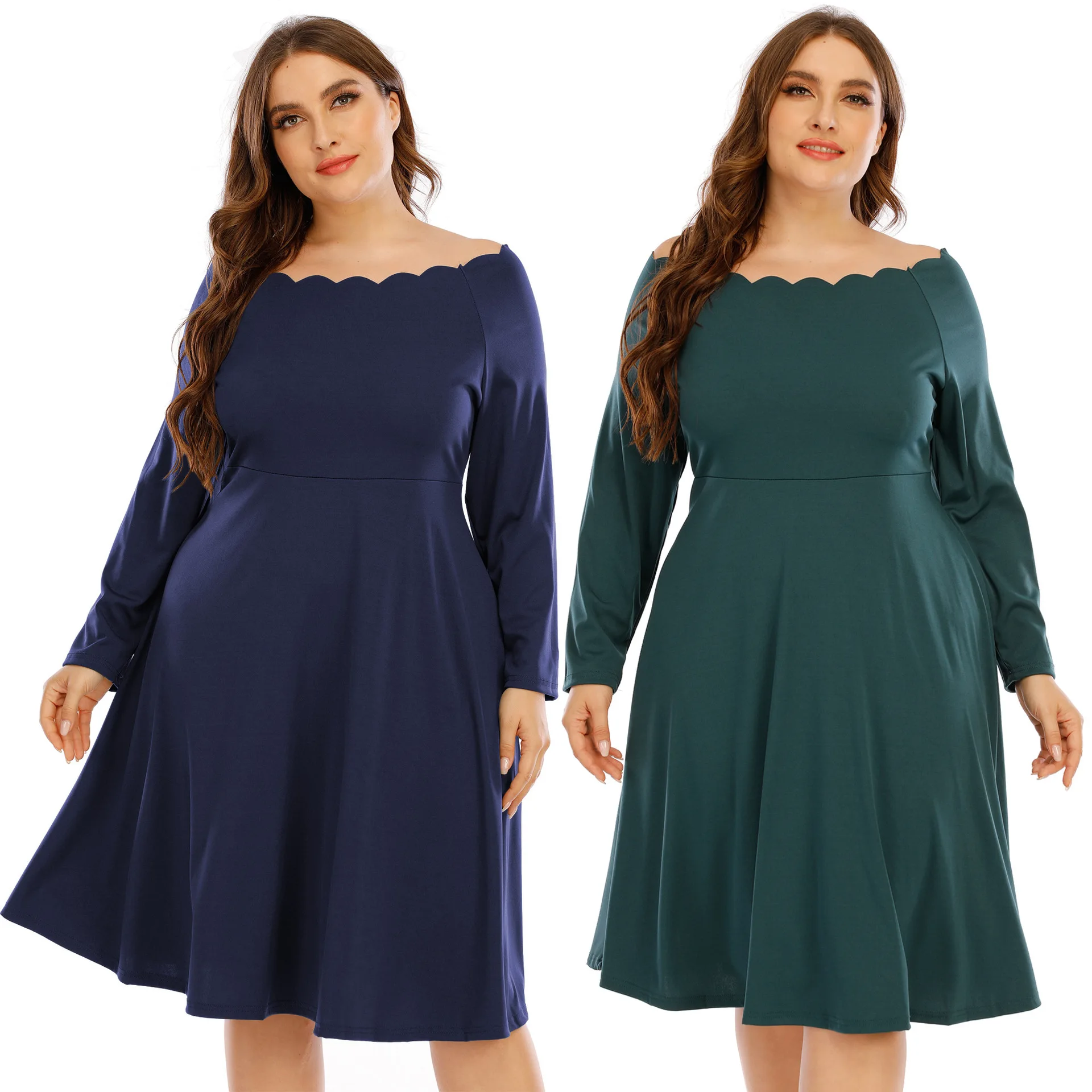 

Plus size women solid color slash neck fashion simple large swing dress, As photo shown