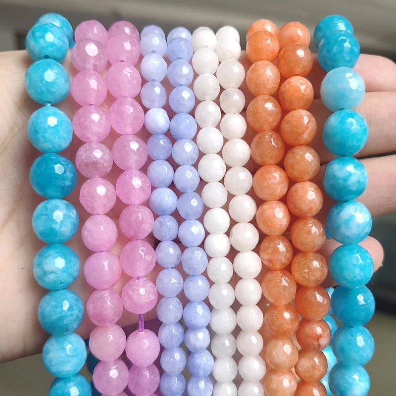 

Wholesale 4/6/8/10/12MM Red/Pink/Green/Blue/Purple/White Faceted Chalcedony Jades Stone Beads For Jewelry Making