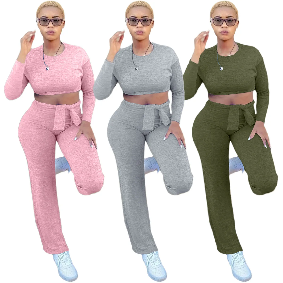 

New Arrival Women Sport Loose Solid Long Sleeve Casual Flare Two Piece Pants Set Bandage Womens Jogger Tracksuit Sets For Women, Picture shows